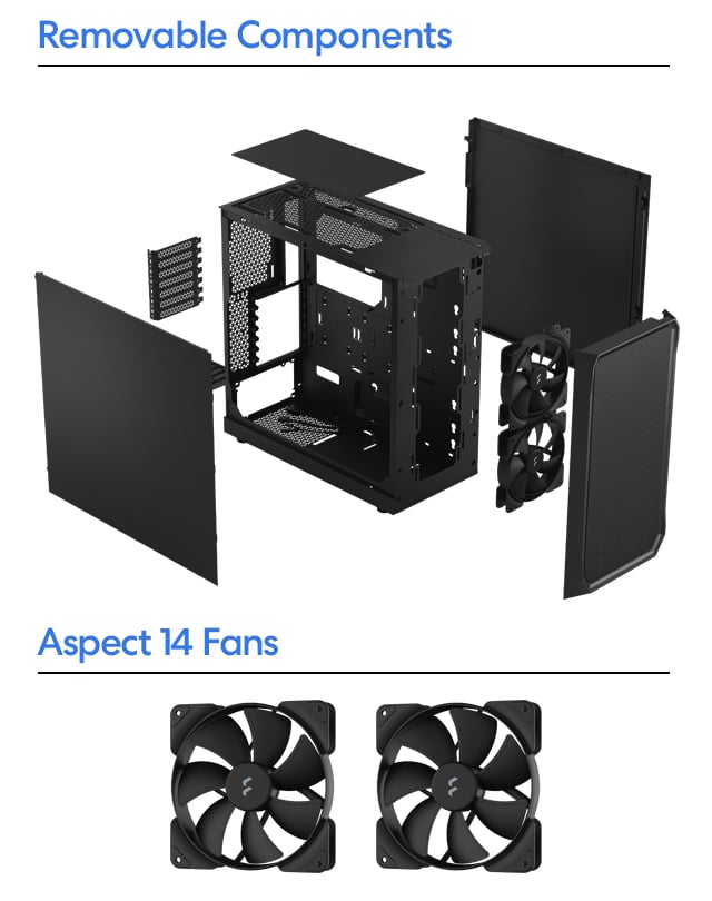 All components are separately displayed and three Aspect 12 fans are on display.